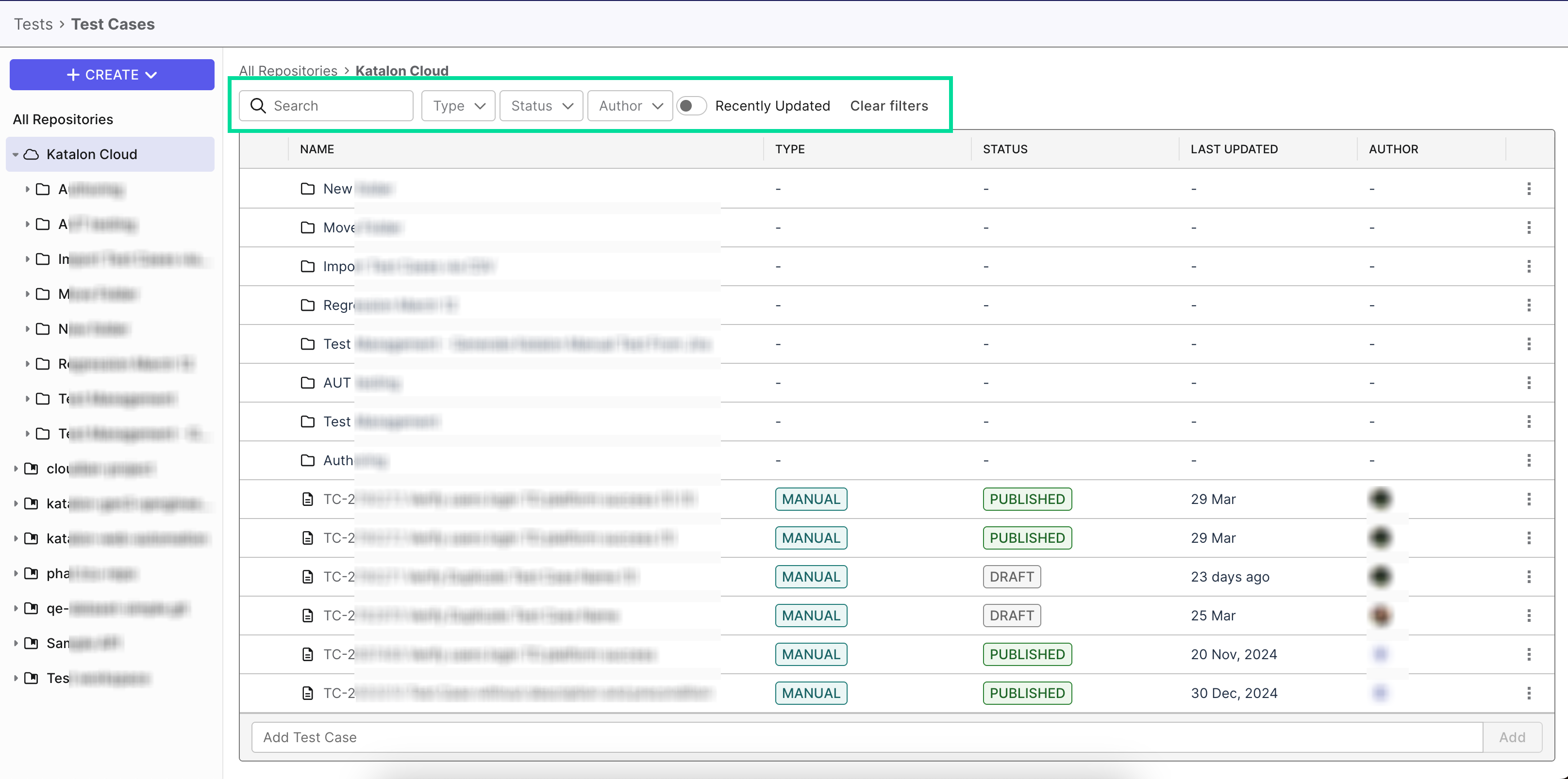 Repository page with test case management options in Katalon TestOps